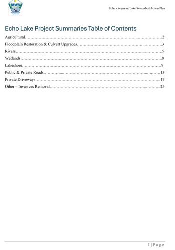 Report, Echo Lake’s 24 projects. Look up each project by Project ID which can be found on the map