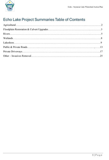 Report, Echo Lake’s 24 projects. Look up each project by Project ID which can be found on the map